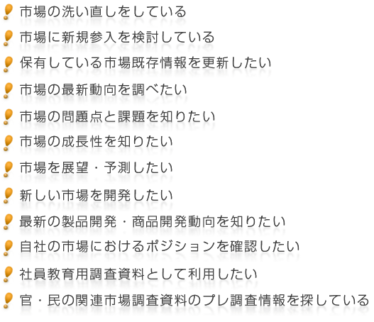 市場の洗い直しをしている,市場に新規参入を検討している,保有している市場既存情報を更新したい,市場の最新動向を調べたい,市場の問題点と課題を知りたい,市場の成長性を知りたい,市場を展望・予測したい,新しい市場を開発したい,最新の製品開発・商品開発動向を知りたい,自社の市場におけるポジションを確認したい,社員教育用調査資料として利用したい,官・民の関連市場調査資料のプレ調査情報を探している